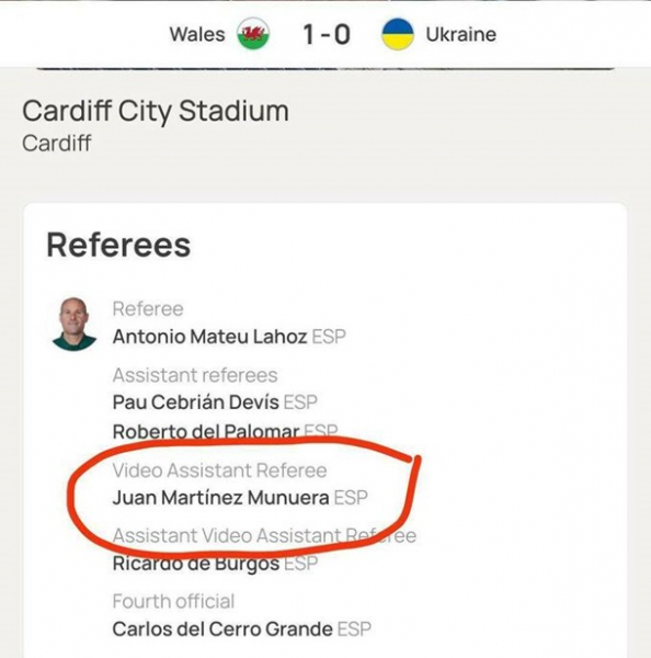 На матчах України з Італією та Вельсом працював один і той самий арбітр VAR