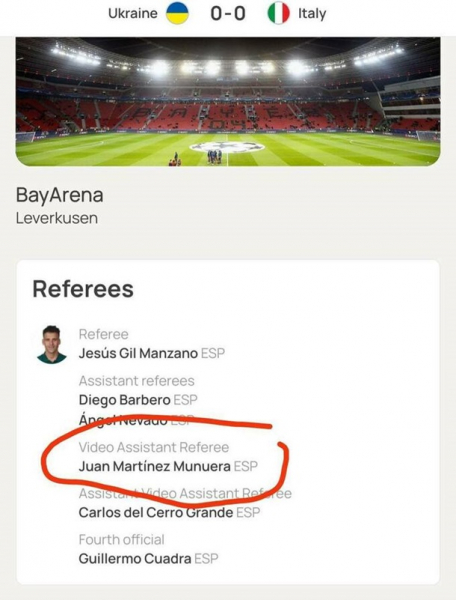 На матчах України з Італією та Вельсом працював один і той самий арбітр VAR